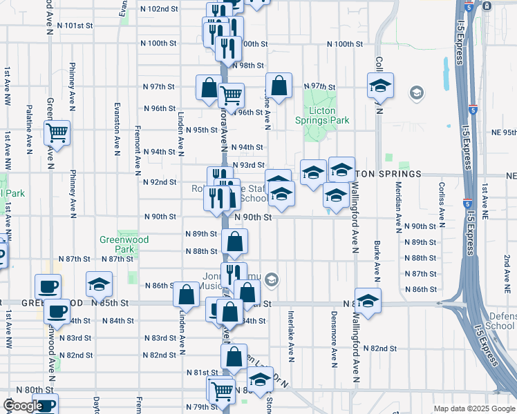 map of restaurants, bars, coffee shops, grocery stores, and more near 8842 Nesbit Avenue North in Seattle