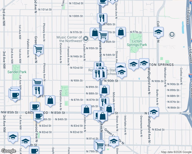 map of restaurants, bars, coffee shops, grocery stores, and more near 929 North 90th Street in Seattle