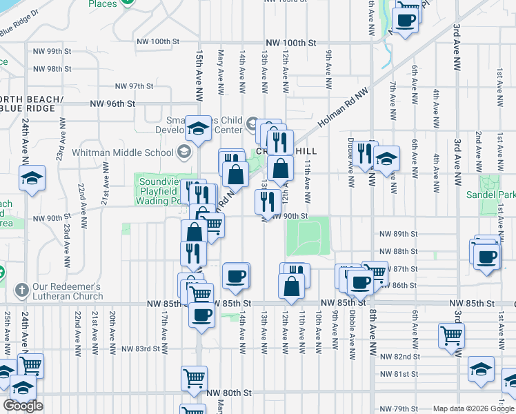 map of restaurants, bars, coffee shops, grocery stores, and more near 9013 13th Avenue Northwest in Seattle