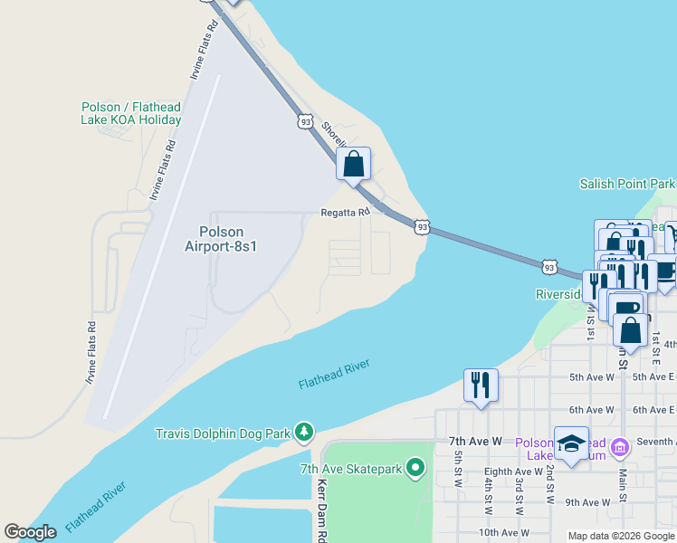 map of restaurants, bars, coffee shops, grocery stores, and more near Flathead River Road in Polson