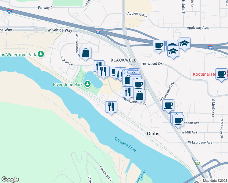 map of restaurants, bars, coffee shops, grocery stores, and more near 1578 West Riverstone Drive in Coeur d'Alene