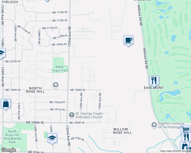 map of restaurants, bars, coffee shops, grocery stores, and more near 13518 Northeast 104th Street in Kirkland