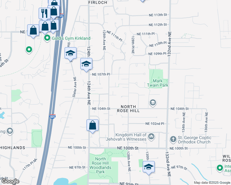 map of restaurants, bars, coffee shops, grocery stores, and more near 12621 Northeast 105th Place in Kirkland