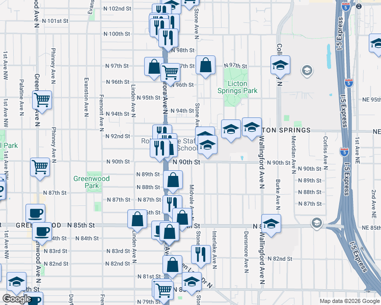 map of restaurants, bars, coffee shops, grocery stores, and more near 8842 Nesbit Avenue North in Seattle