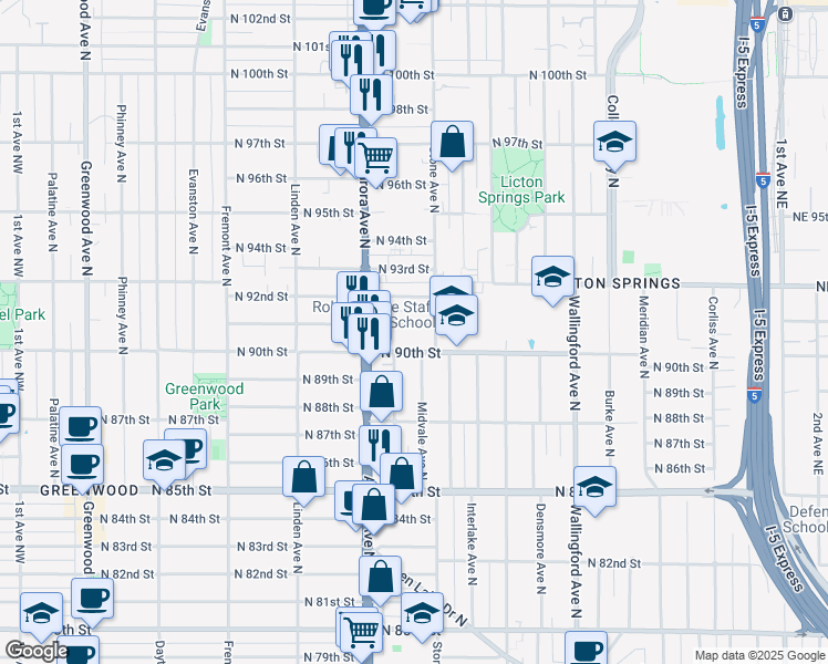 map of restaurants, bars, coffee shops, grocery stores, and more near 8842 Nesbit Avenue North in Seattle