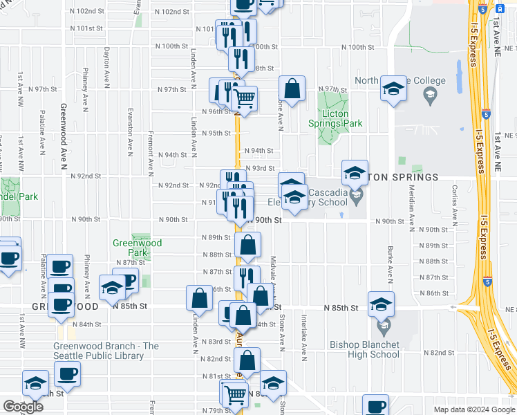 map of restaurants, bars, coffee shops, grocery stores, and more near 8842 Nesbit Avenue North in Seattle