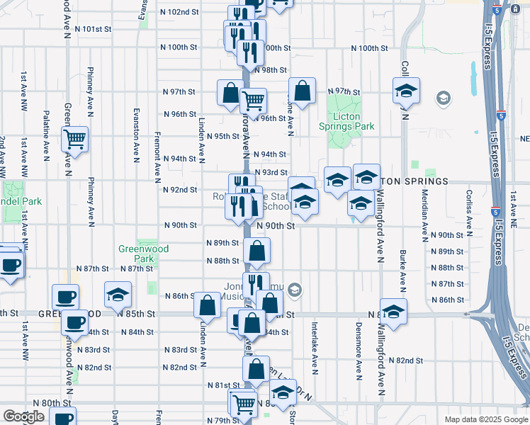 map of restaurants, bars, coffee shops, grocery stores, and more near 8842 Nesbit Avenue North in Seattle