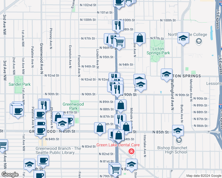 map of restaurants, bars, coffee shops, grocery stores, and more near 929 North 90th Street in Seattle