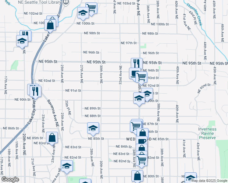 map of restaurants, bars, coffee shops, grocery stores, and more near 9007 32nd Avenue Northeast in Seattle