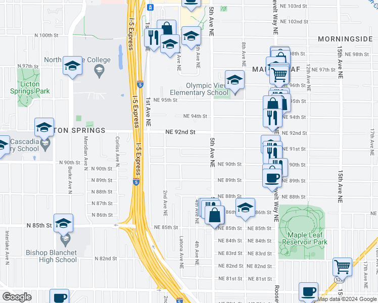 map of restaurants, bars, coffee shops, grocery stores, and more near 317 Northeast 91st Street in Seattle
