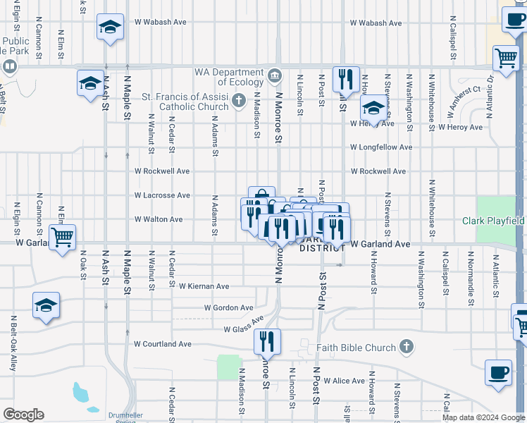 map of restaurants, bars, coffee shops, grocery stores, and more near 4103 North Madison Street in Spokane