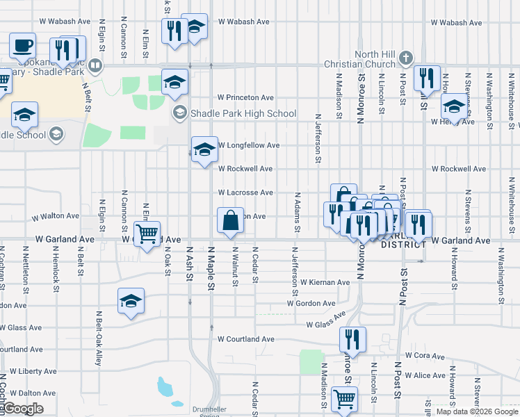 map of restaurants, bars, coffee shops, grocery stores, and more near 4104 North Cedar Street in Spokane