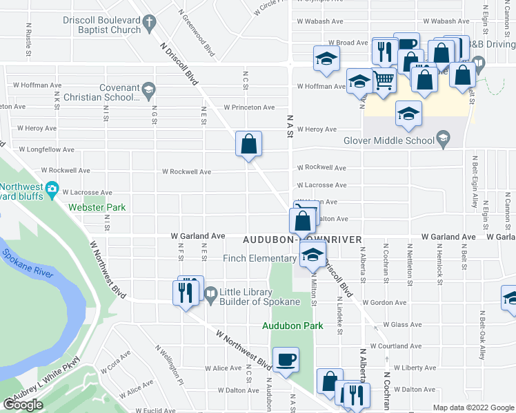 map of restaurants, bars, coffee shops, grocery stores, and more near 3012 West Lacrosse Avenue in Spokane