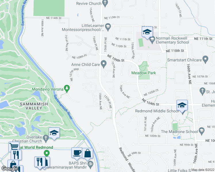 map of restaurants, bars, coffee shops, grocery stores, and more near 15632 Northeast 106th Way in Redmond