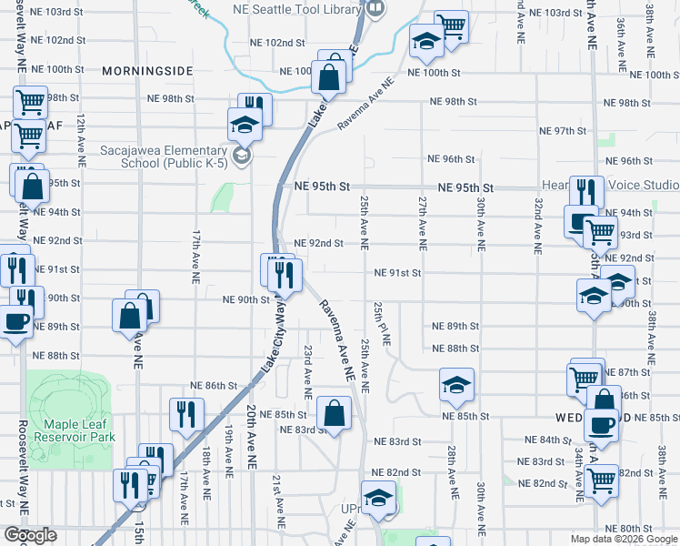 map of restaurants, bars, coffee shops, grocery stores, and more near 2341 Northeast 92nd Street in Seattle