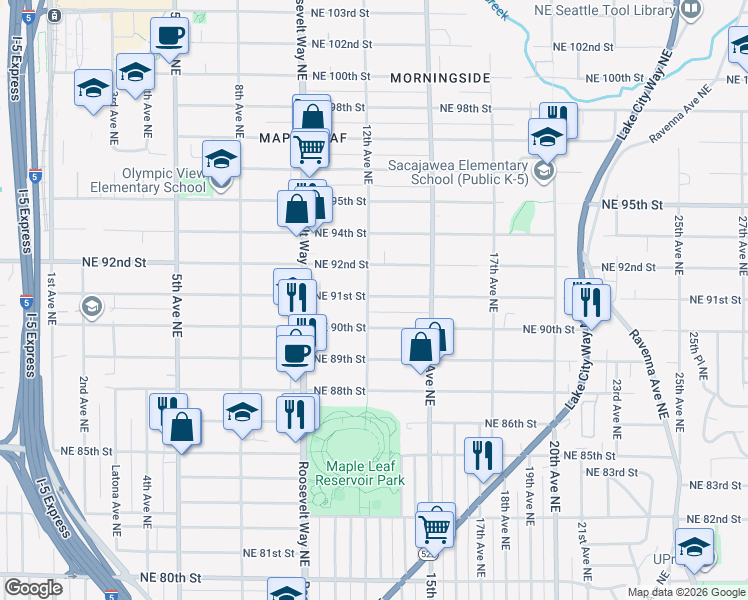 map of restaurants, bars, coffee shops, grocery stores, and more near 1209 Northeast 92nd Street in Seattle