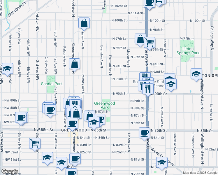 map of restaurants, bars, coffee shops, grocery stores, and more near 9039 Fremont Avenue North in Seattle