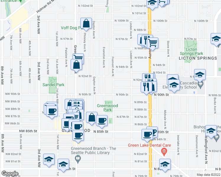 map of restaurants, bars, coffee shops, grocery stores, and more near 9039 Fremont Avenue North in Seattle