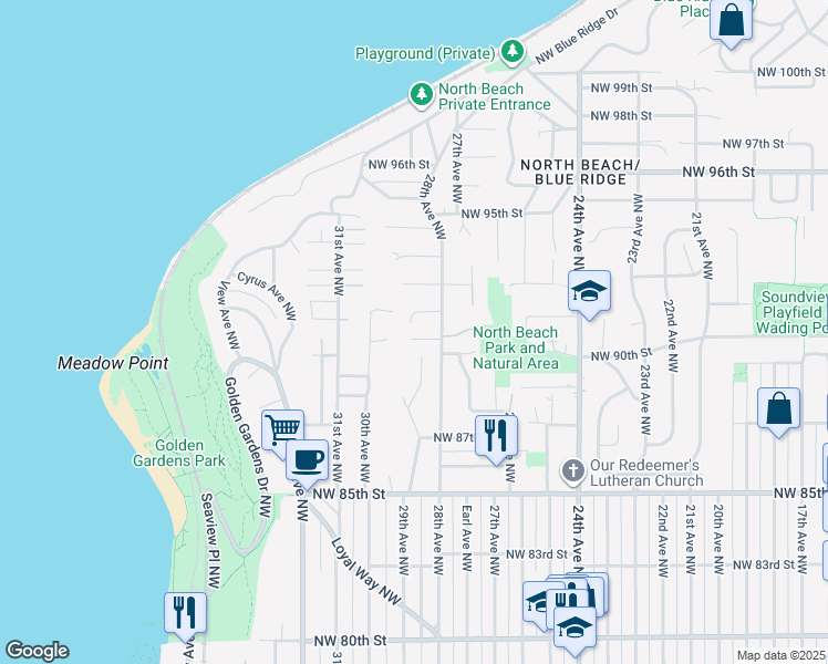 map of restaurants, bars, coffee shops, grocery stores, and more near 2822 Northwest 91st Street in Seattle