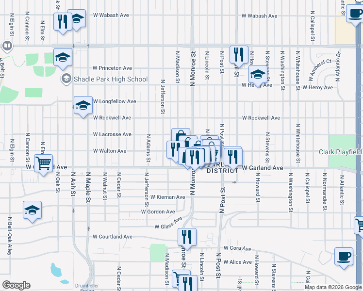 map of restaurants, bars, coffee shops, grocery stores, and more near 4008 North Madison Street in Spokane