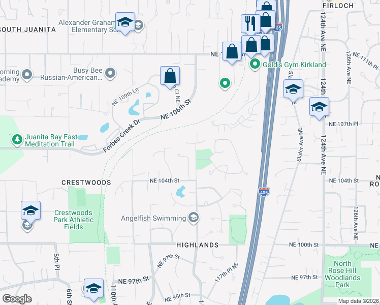map of restaurants, bars, coffee shops, grocery stores, and more near 11520 Northeast 107th Place in Kirkland