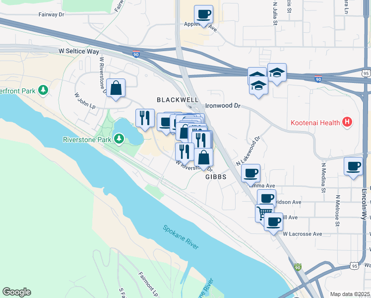 map of restaurants, bars, coffee shops, grocery stores, and more near 2026 North Beebe Boulevard in Coeur d'Alene
