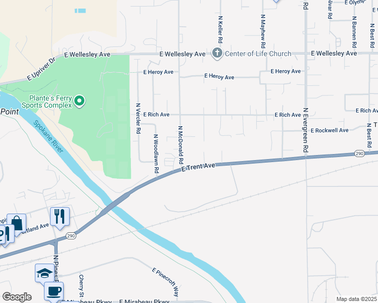 map of restaurants, bars, coffee shops, grocery stores, and more near 4216 North McDonald Road in Spokane Valley