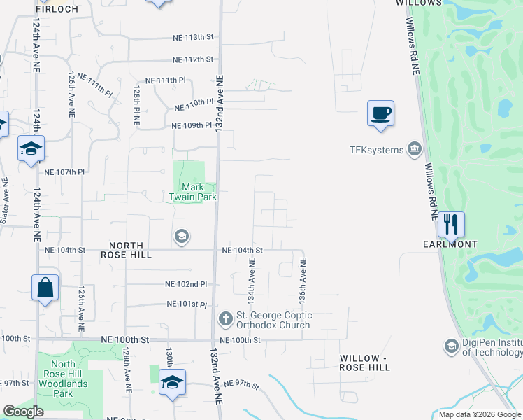 map of restaurants, bars, coffee shops, grocery stores, and more near 13436 Northeast 105th Court in Kirkland