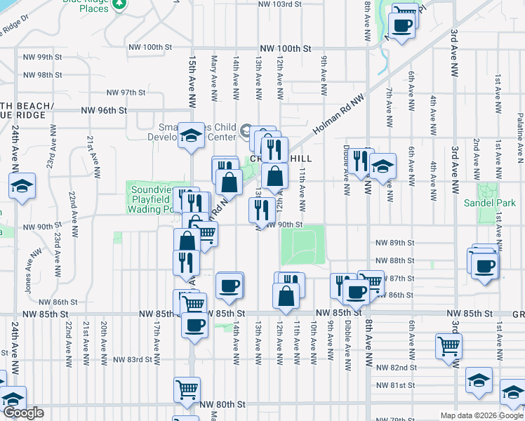 map of restaurants, bars, coffee shops, grocery stores, and more near 9020 13th Avenue Northwest in Seattle