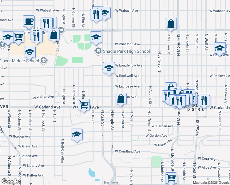 map of restaurants, bars, coffee shops, grocery stores, and more near in Spokane
