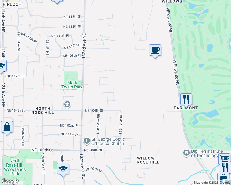 map of restaurants, bars, coffee shops, grocery stores, and more near 10612 134th Avenue Northeast in Kirkland