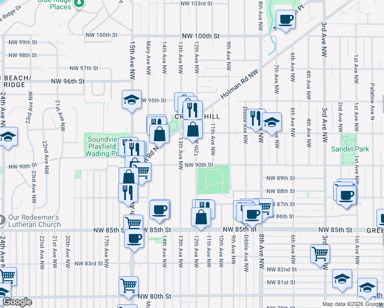 map of restaurants, bars, coffee shops, grocery stores, and more near in Seattle