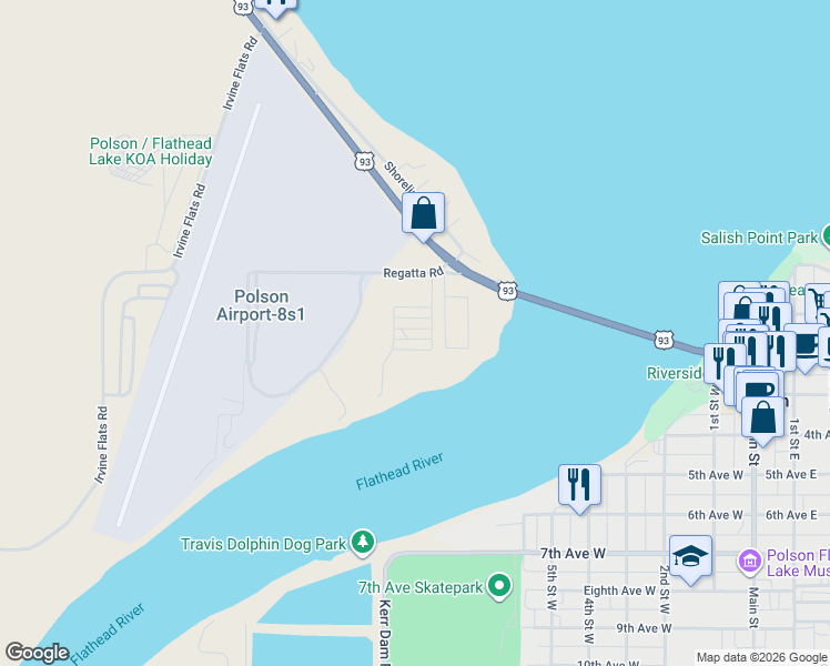 map of restaurants, bars, coffee shops, grocery stores, and more near Pin Ball Path in Polson