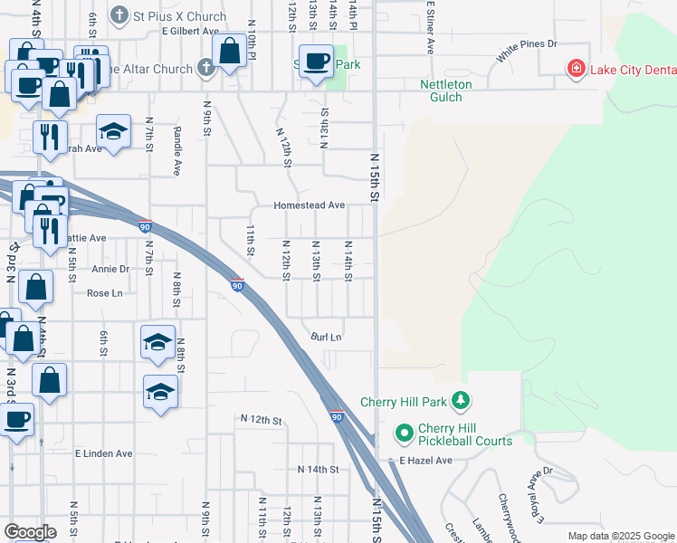 map of restaurants, bars, coffee shops, grocery stores, and more near 2018 North 14th Street in Coeur d'Alene