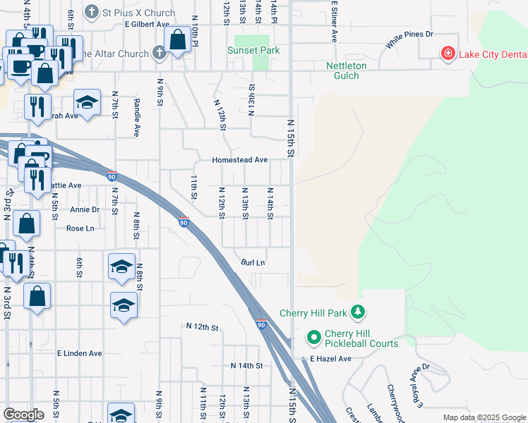 map of restaurants, bars, coffee shops, grocery stores, and more near 2018 North 14th Street in Coeur d'Alene