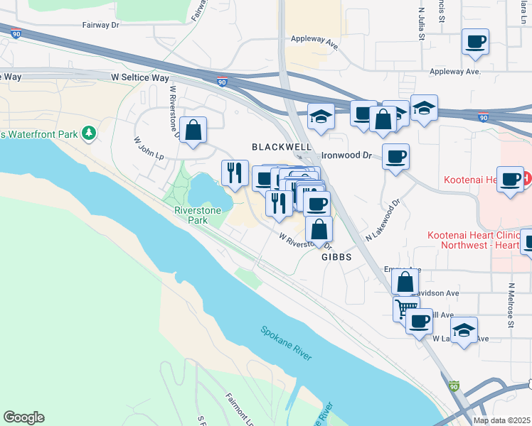 map of restaurants, bars, coffee shops, grocery stores, and more near 2139 Main Street in Coeur d'Alene