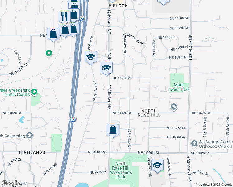 map of restaurants, bars, coffee shops, grocery stores, and more near 10612 124th Avenue Northeast in Kirkland