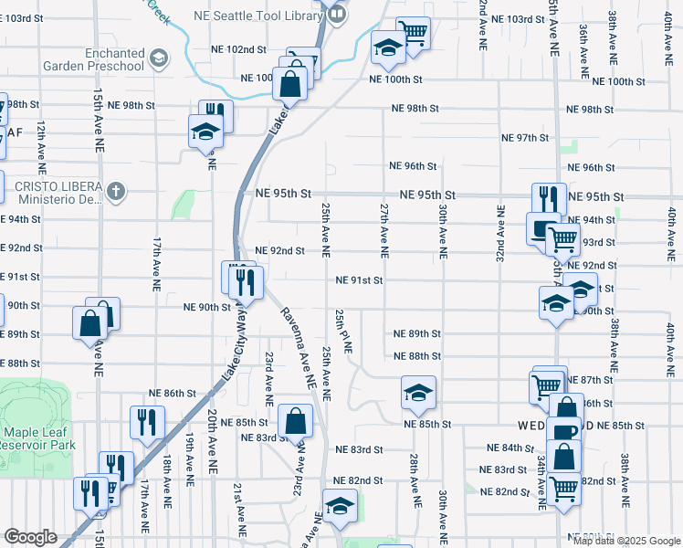 map of restaurants, bars, coffee shops, grocery stores, and more near 2505 Northeast 92nd Street in Seattle