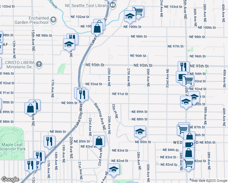 map of restaurants, bars, coffee shops, grocery stores, and more near 2505 Northeast 92nd Street in Seattle