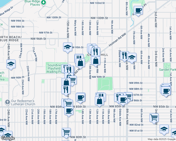 map of restaurants, bars, coffee shops, grocery stores, and more near 9025 13th Avenue Northwest in Seattle