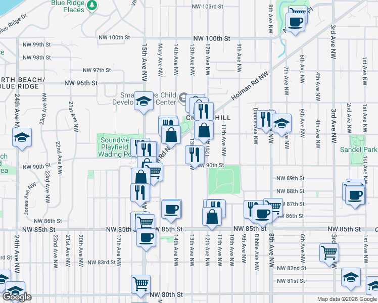 map of restaurants, bars, coffee shops, grocery stores, and more near 9025 13th Avenue Northwest in Seattle