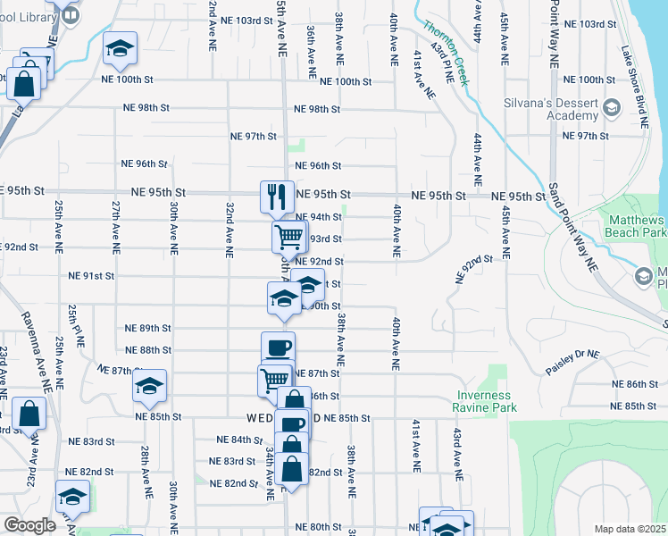 map of restaurants, bars, coffee shops, grocery stores, and more near 3551 Northeast 92nd Street in Seattle