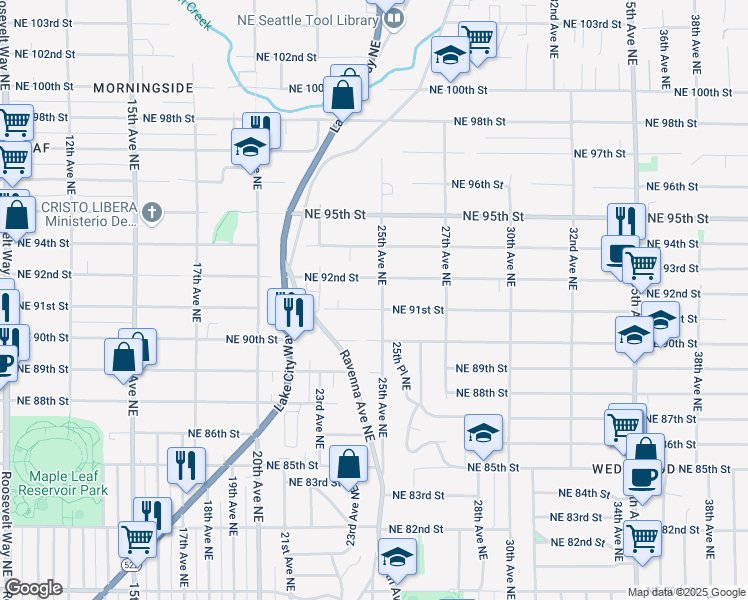 map of restaurants, bars, coffee shops, grocery stores, and more near 2341 Northeast 92nd Street in Seattle