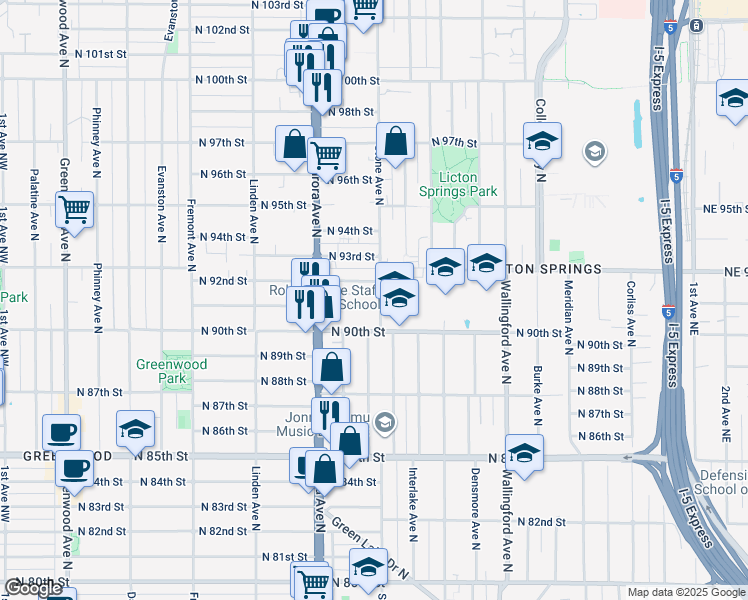 map of restaurants, bars, coffee shops, grocery stores, and more near 1158 North 91st Street in Seattle