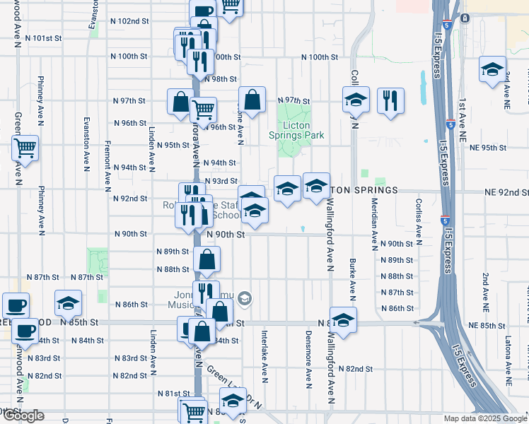 map of restaurants, bars, coffee shops, grocery stores, and more near 9203 Ashworth Avenue North in Seattle