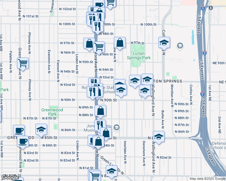 map of restaurants, bars, coffee shops, grocery stores, and more near 1159 North 92nd Street in Seattle