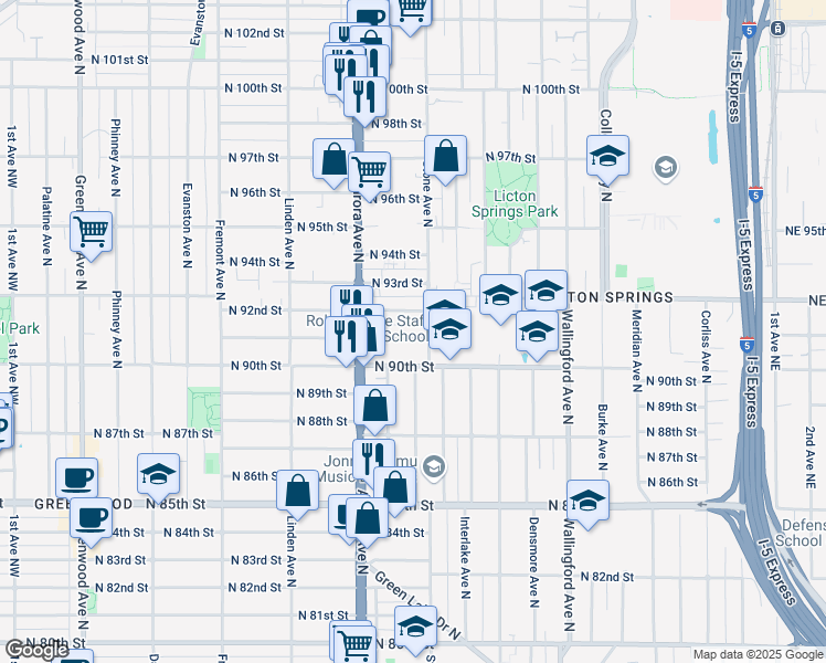 map of restaurants, bars, coffee shops, grocery stores, and more near 1133 North 92nd Street in Seattle