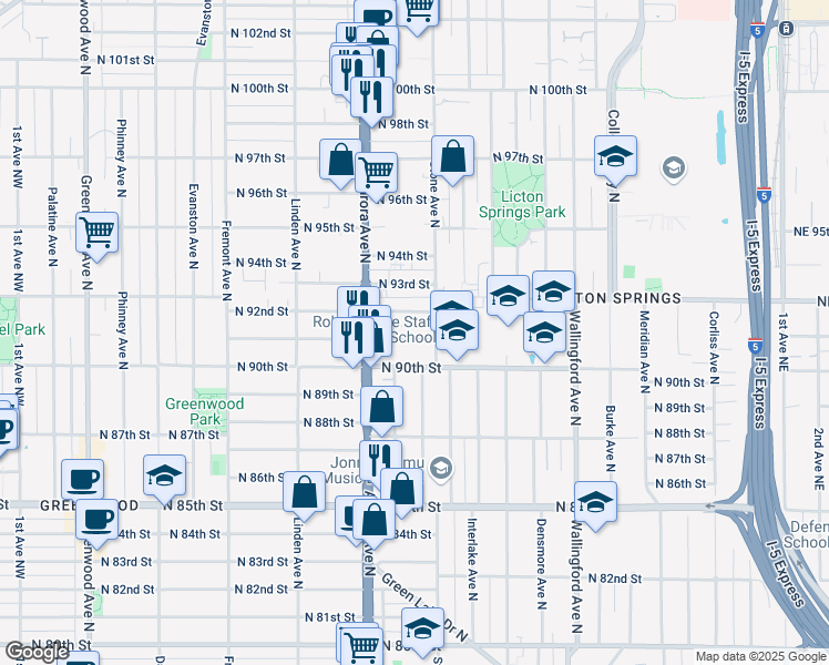 map of restaurants, bars, coffee shops, grocery stores, and more near 1133 North 92nd Street in Seattle