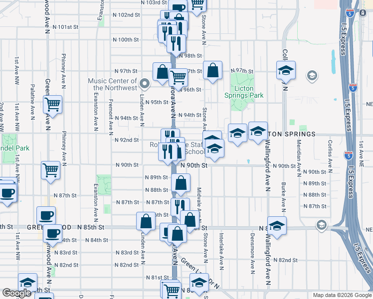 map of restaurants, bars, coffee shops, grocery stores, and more near 1133 North 92nd Street in Seattle