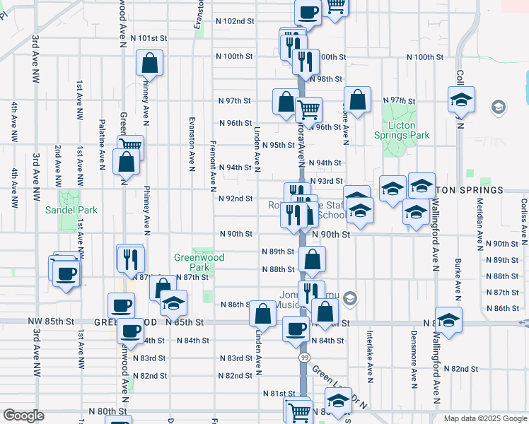 map of restaurants, bars, coffee shops, grocery stores, and more near 751 North 92nd Street in Seattle